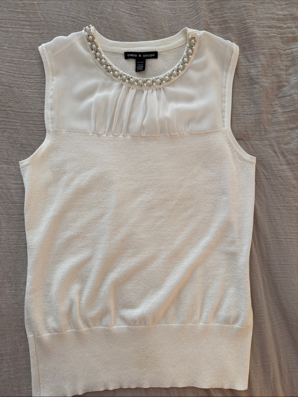 Cable & Gauge White Pearl-Trim Sleeveless Knit Tank Small